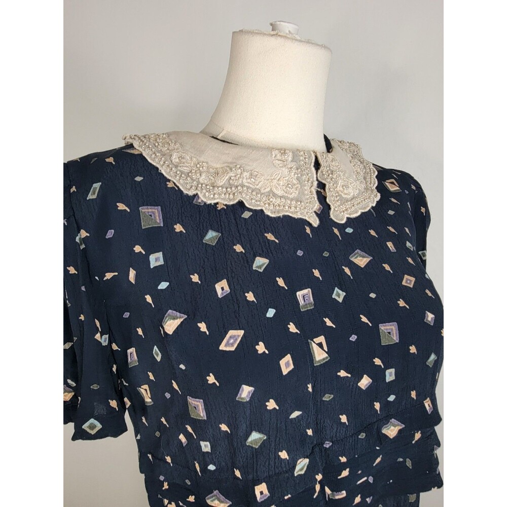 Karin Stevens Navy Vtg Geometric Print Midi Dress Lace Collar Beaded Vintage 10 - Picture 5 of 16